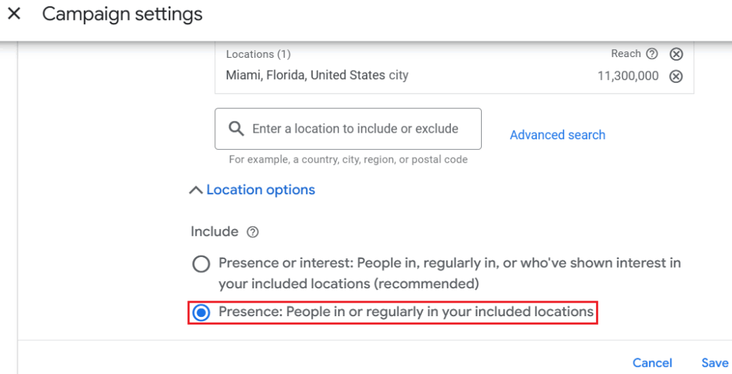 location settings in google ads